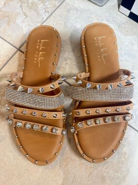 Nicole Miller Tan Rhinestone & Stud Slide Sandals